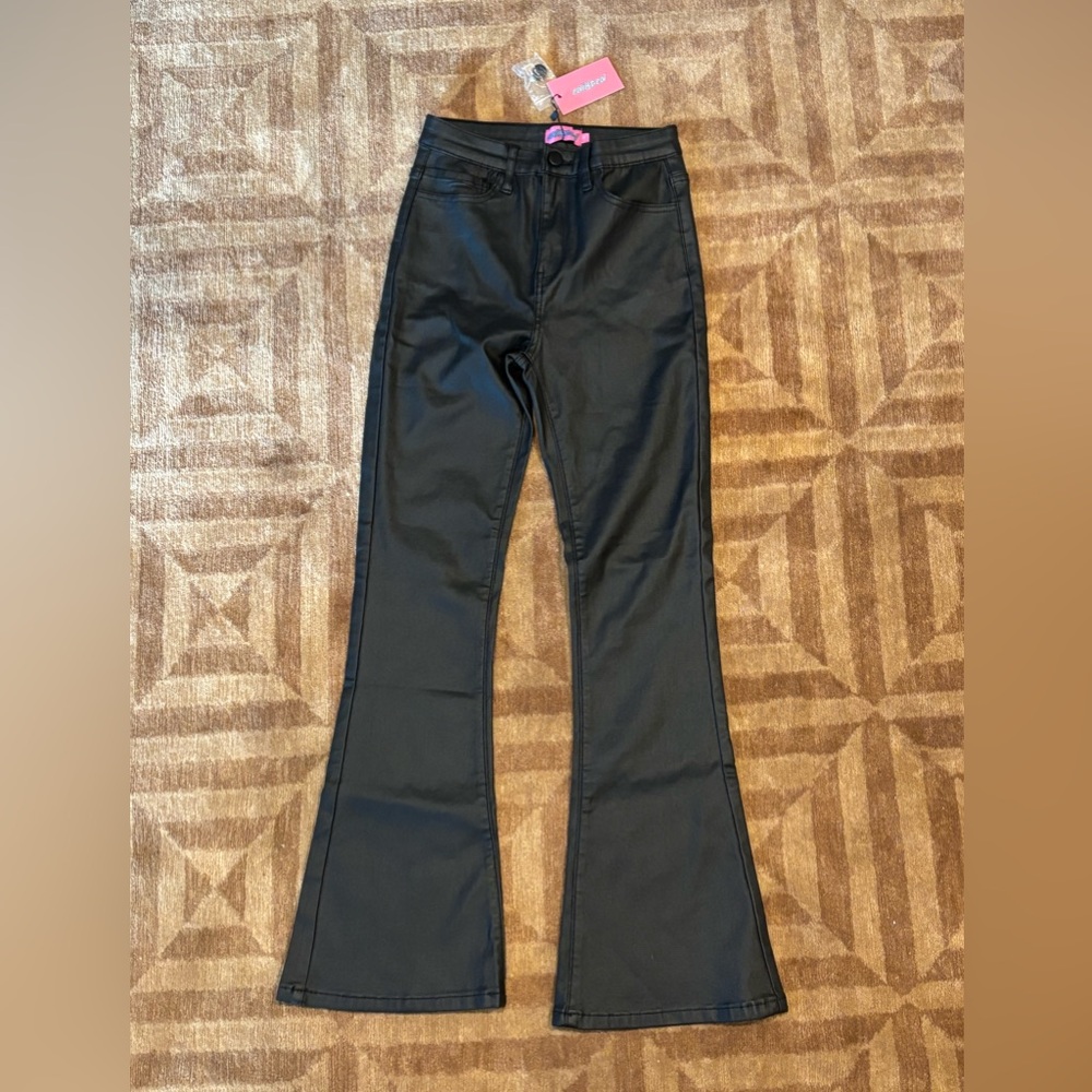 Edikted: Petite Luna Faux Leather Flare Jeans